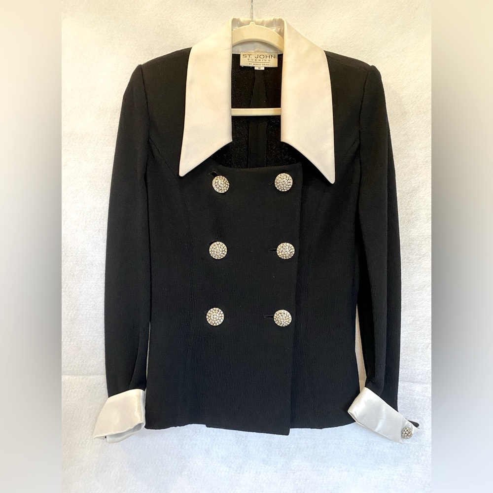 ST. JOHN EVENING By Marie Gray Black Knit Jacket Satin Rhinestones. Size 10